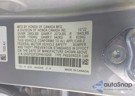 2023 Honda Civic Sport from USA, damaged, VIN 2HGFE2F53PH516208